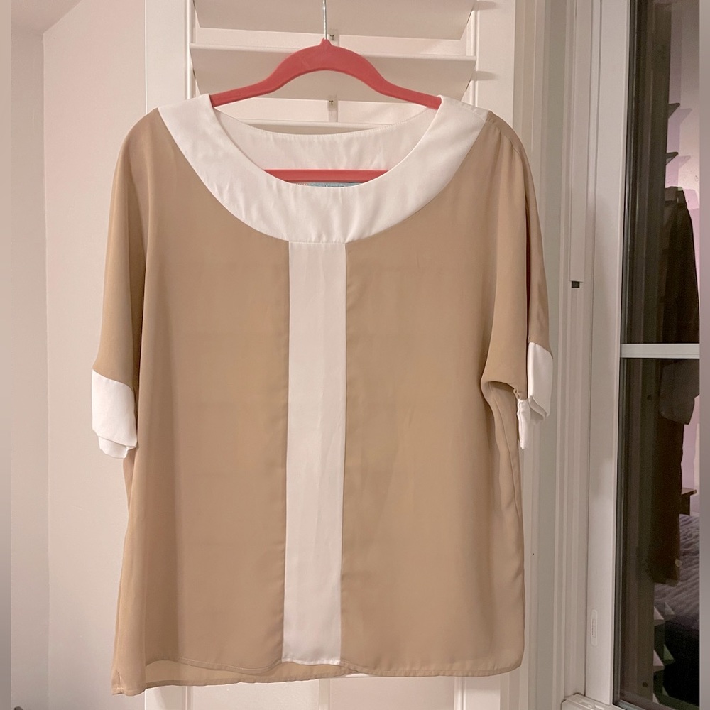 Tan and white loose fitting blouse
